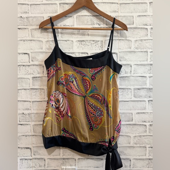 Trina Turk sleeveless silk blend gold/black with multicolor paisley print top L - Picture 1 of 4